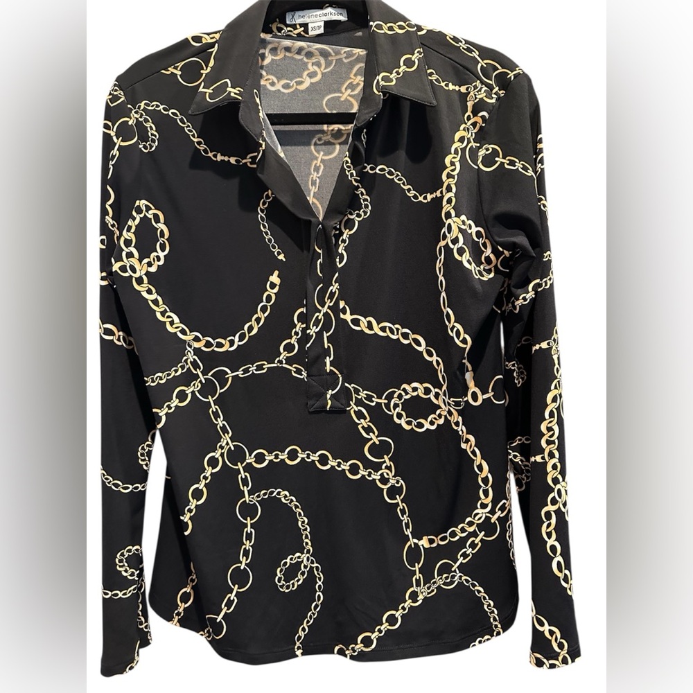 Helene Clarkson Black & Gold Chain Print Button Down Blouse Size XS - Picture 2 of 6